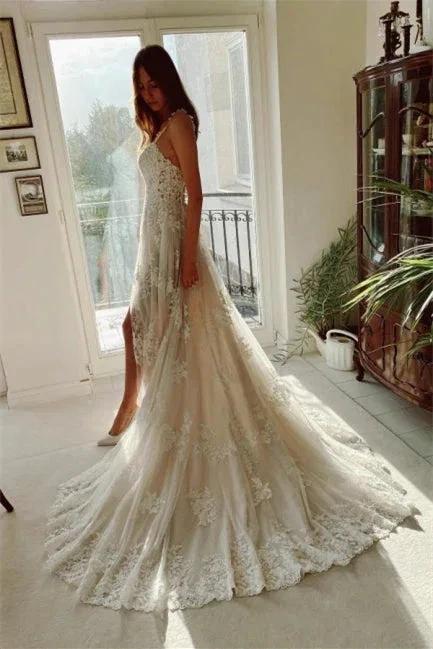 Beautiful Ivory A-Line Lace Wedding Dresses With Slit (ZD14637)