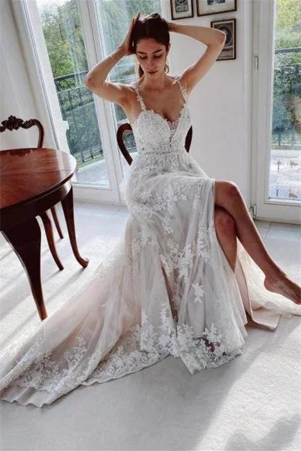 Beautiful Ivory A-Line Lace Wedding Dresses With Slit (ZD14637)