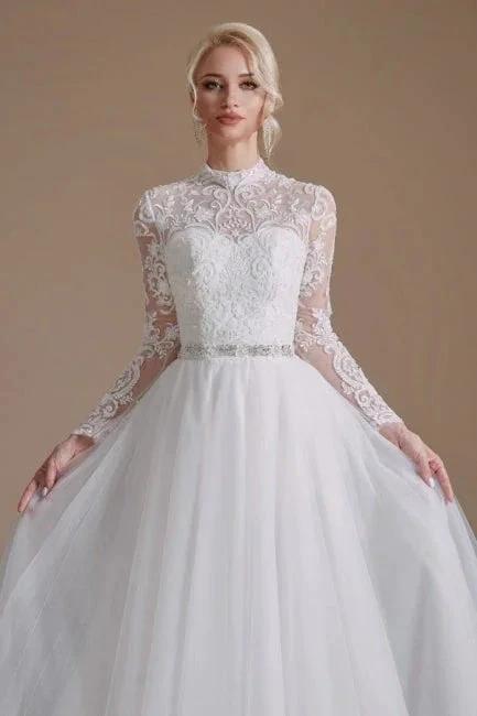Beautiful Jewel Long-Sleeve A-Line Floor-Length Wedding Dresses with Pattern (ZD14658)