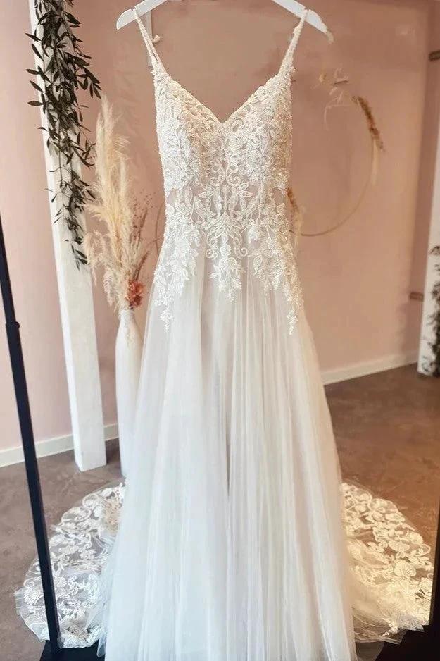 Beautiful Long A-line Backless Tulle Wedding Dresses with Appliques Lace (ZD14279)