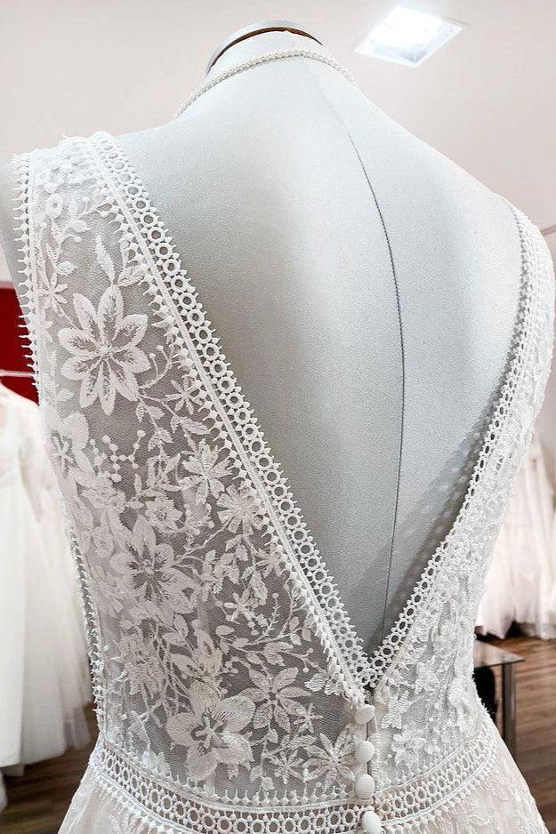 Beautiful Long A-Line Lace Appliques Tulle Open Back Wedding Dresses (ZD15264)