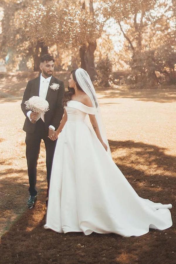 Beautiful Long A-line Off the Shoulder Satin Wedding Dresses (ZD16727)