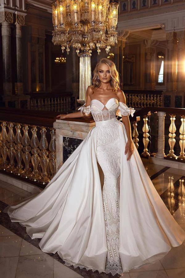 Beautiful Long A-line Off-the-shoulder Sweetheart Appliques Lace Satin Wedding Dress (ZD15193)
