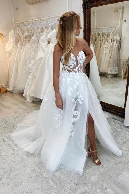 Beautiful Long A-line Sleeveless Split Wedding Dresses With Lace (ZD14900)
