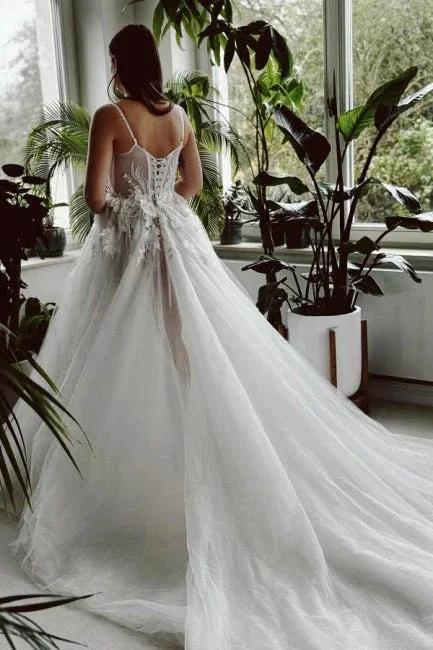 Beautiful Long A-line Spaghetti Straps Tulle Lace Wedding Dress With Slit (ZD15568)