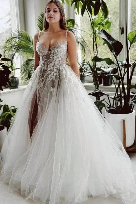 Beautiful Long A-line Spaghetti Straps Tulle Lace Wedding Dress With Slit (ZD15568)