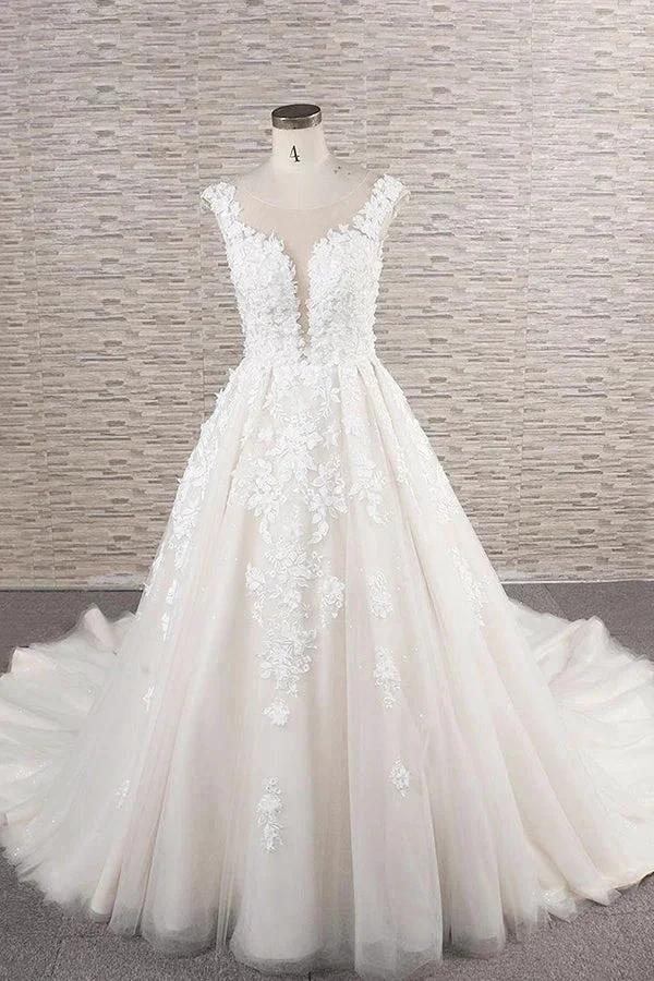 Beautiful Long A-line Tulle Lace Appliques Backless Wedding Dress (ZD14422)