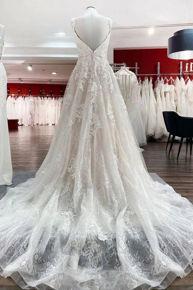 Beautiful Long A-line Tulle Lace V Neck Open Back Wedding Dresses (ZD15179)
