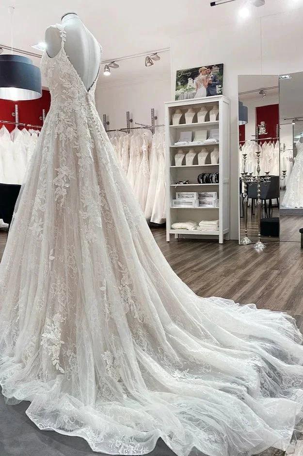 Beautiful Long A-line Tulle Lace V Neck Open Back Wedding Dresses (ZD15179)