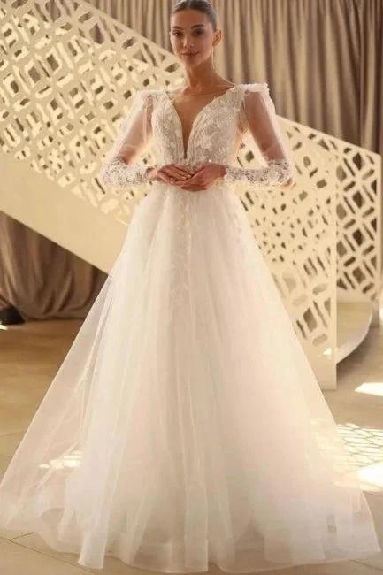 Beautiful Long A-line V-neck Lace Tulle Wedding Dress With Long Sleeves (ZD15582)