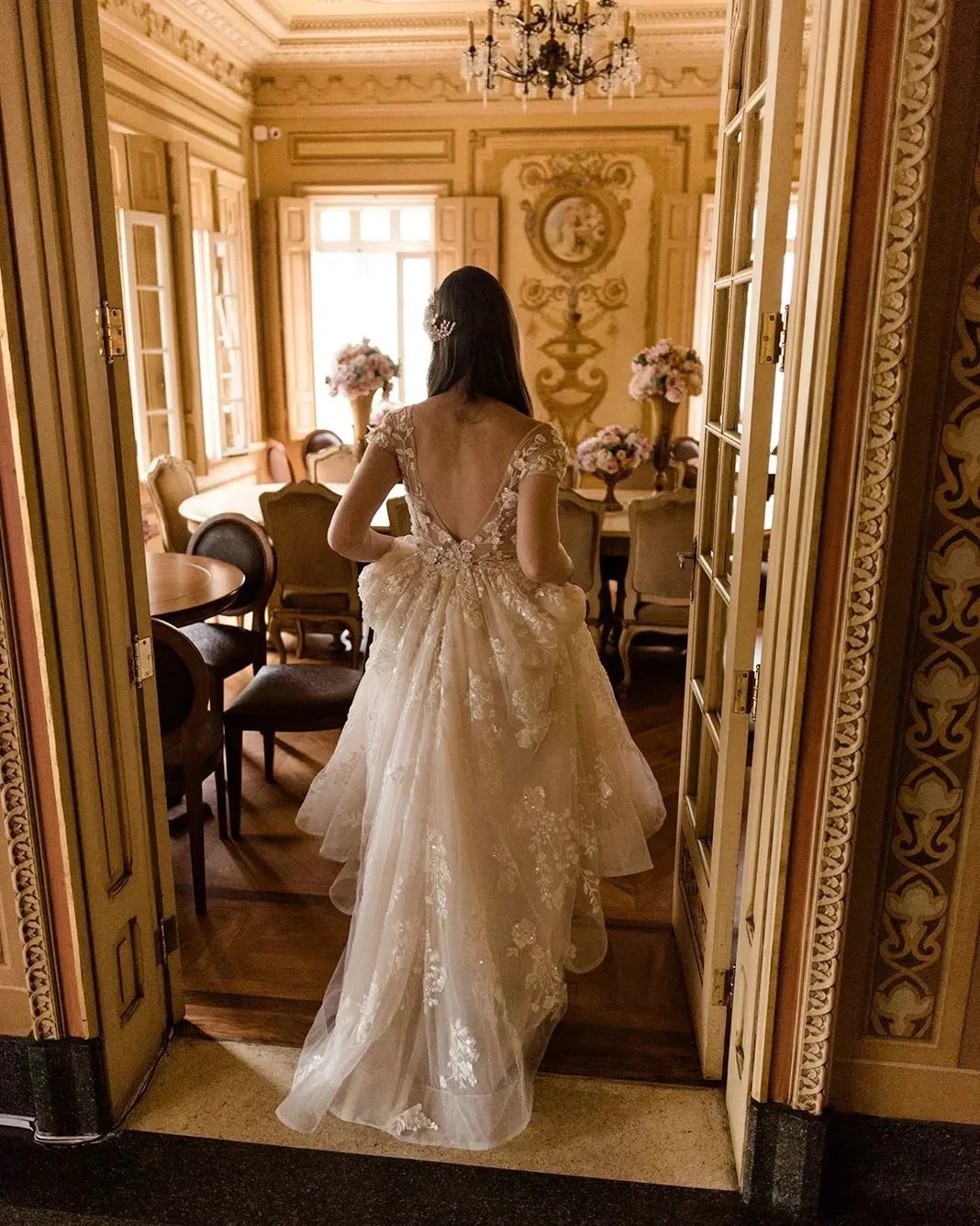 Beautiful Long A-line V-neck Lace Wedding Dresses With Cap Sleeves (ZD14828)