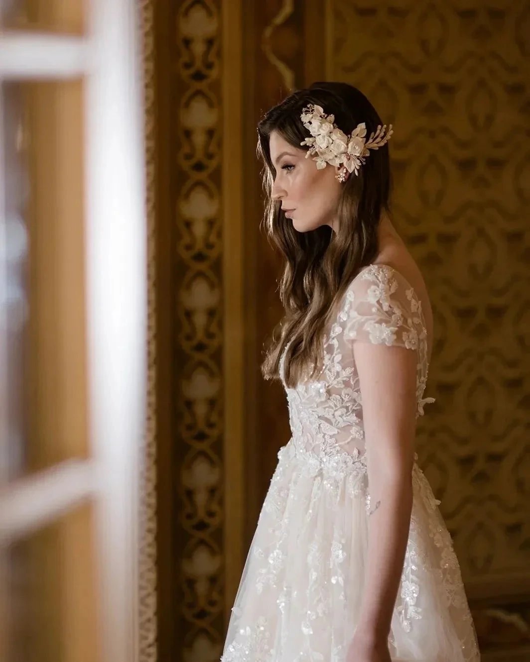 Beautiful Long A-line V-neck Lace Wedding Dresses With Cap Sleeves (ZD14828)