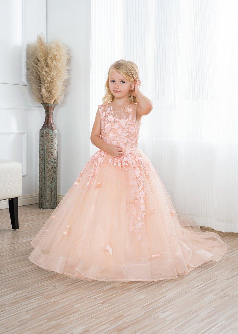 Beautiful Long Ball Gown Tulle Appliques Lace Flower girl dress - VelvetHem