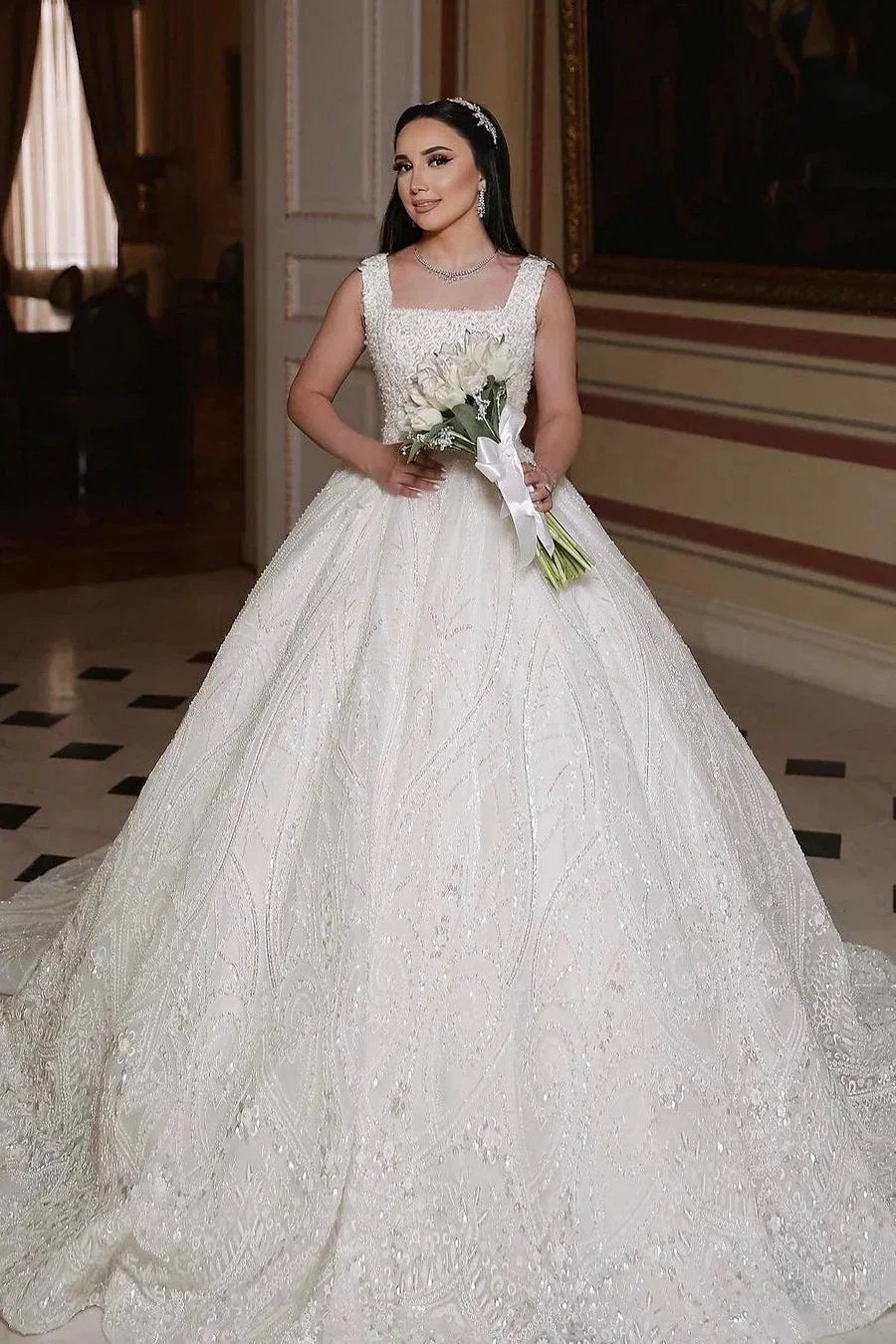 Beautiful Long Ivory A-line Sleeveless Beading Wedding Dress With Lace (ZD16486)