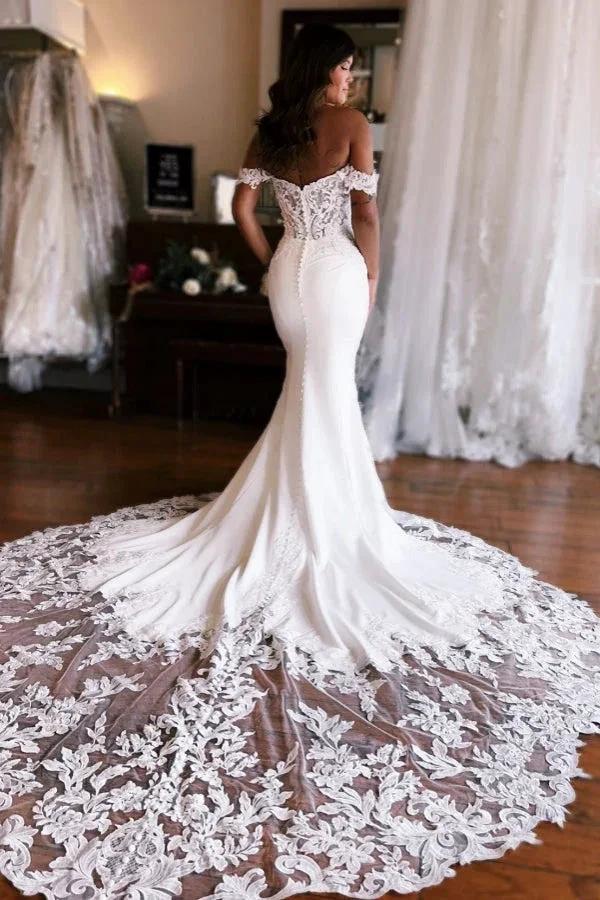 Beautiful Long Mermaid Off-the-shoulder Lace Satin Wedding Dress (ZD16476)