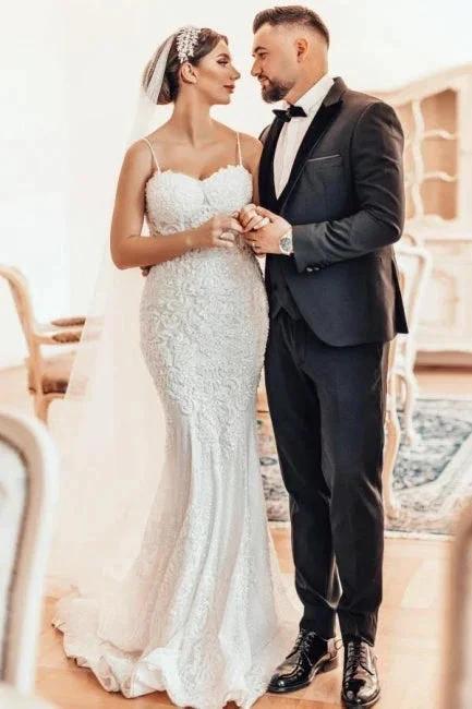 Beautiful Long Mermaid Spaghetti Straps Lace Sleeveless Wedding Dress (ZD16630)