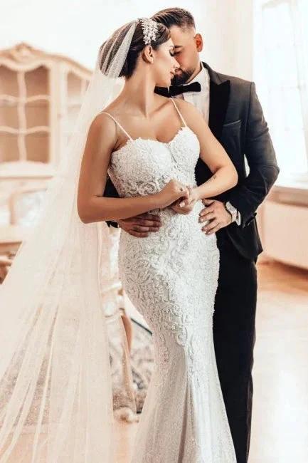 Beautiful Long Mermaid Spaghetti Straps Lace Sleeveless Wedding Dress (ZD16630)