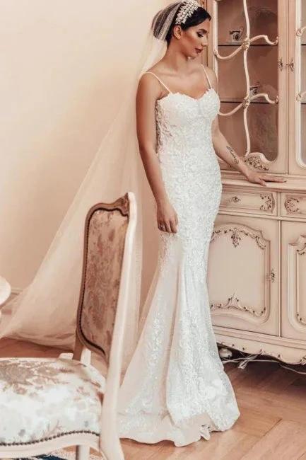 Beautiful Long Mermaid Spaghetti Straps Lace Sleeveless Wedding Dress (ZD16630)