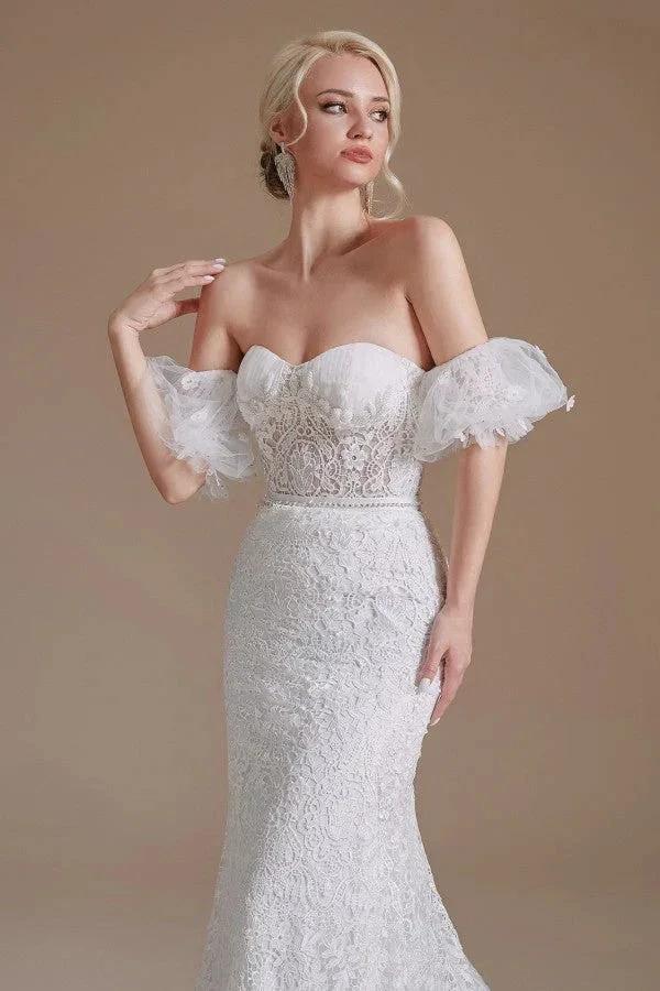Beautiful Long Mermaid Sweetheart Lace Wedding Dresses with Detachable Sleeves (ZD14351)