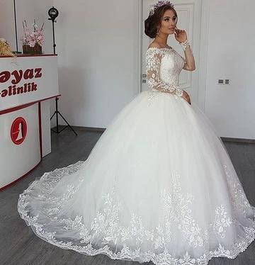 Beautiful Long Sleeve Off the Shoulder Appliques Lace Princess Wedding Dress (ZD14326)