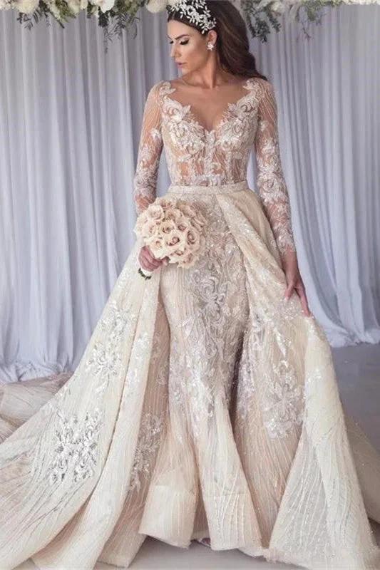 Beautiful Long Sleeves Lace Mermaid Overskirt Wedding Dress Bridal Wears (ZD13808)