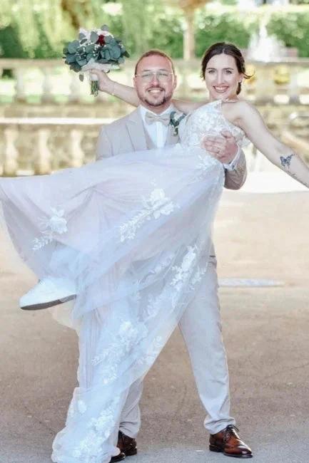 Beautiful Long White A-line V-neck Sleeveless Wedding Dress with Lace (ZD16673)
