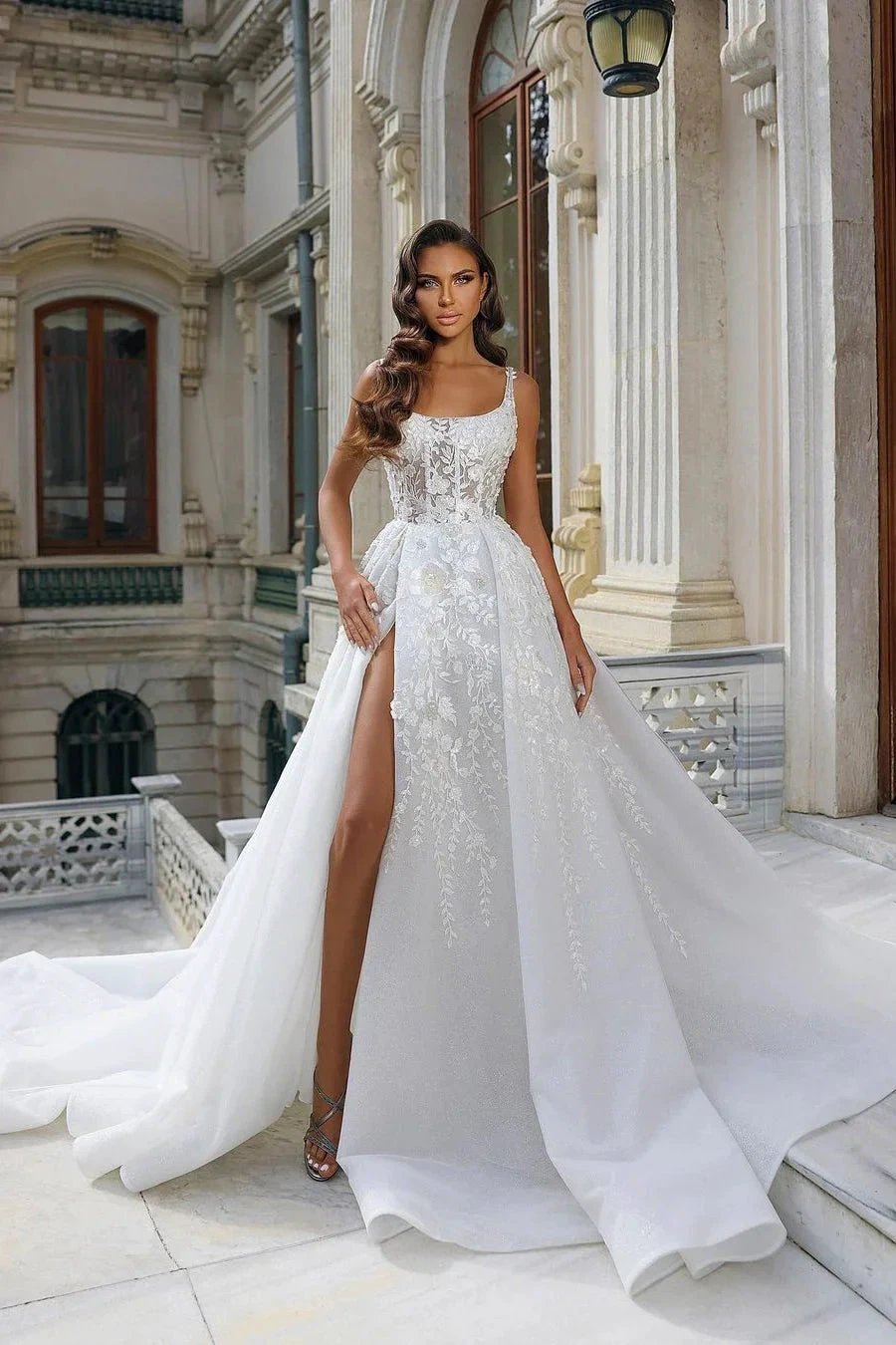 Beautiful Long White Straps A-line Sleeveless Lace Wedding Dress With Slit (ZD14818)