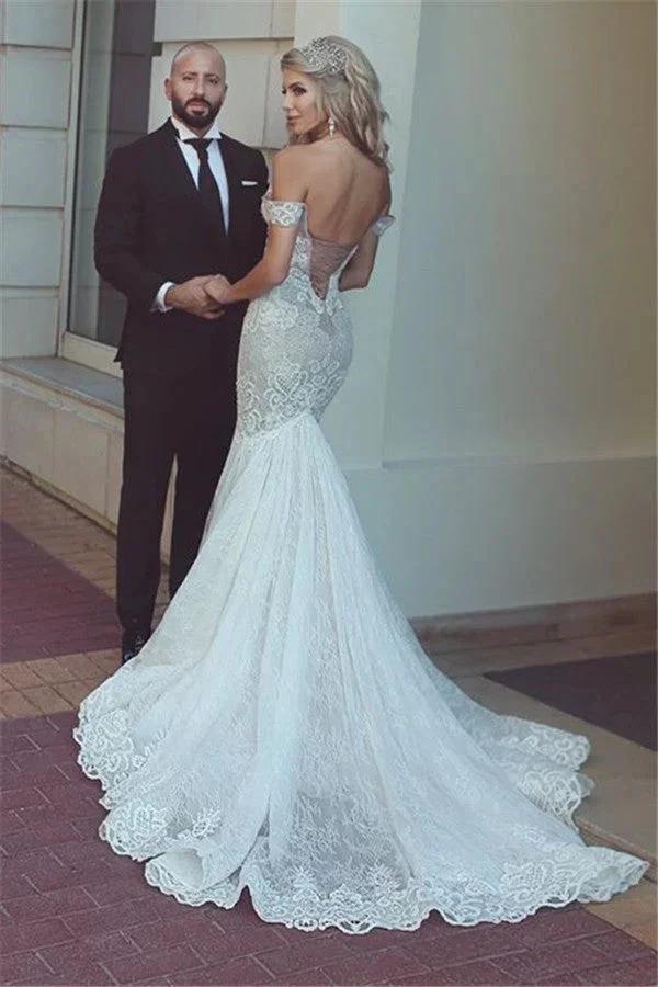 Beautiful Mermaid Lace Off-the-Shoulder Wedding Dress Bridal Wears (ZD16471)