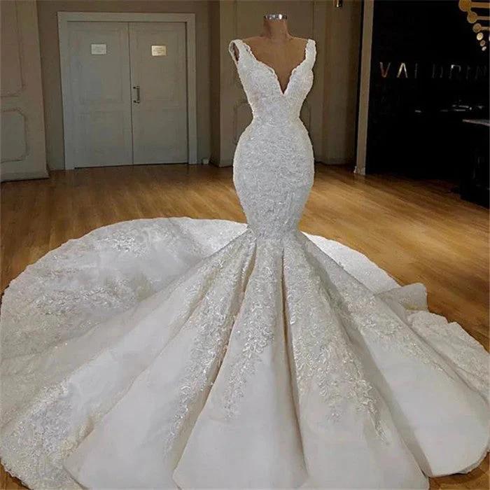 Beautiful Mermaid Lace Wedding Dress On Sale Straps Gorgeous Bridal Wears with Long Train (ZD13889)