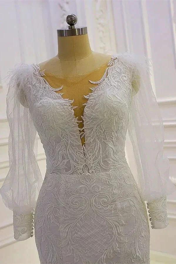 Beautiful Mermaid Long Sleeves Lace Appliques Wedding Dress With Train (ZD14547)