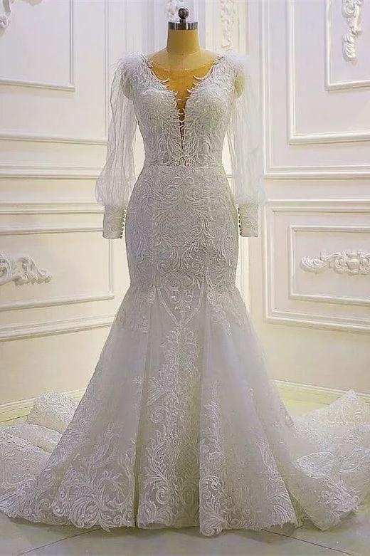 Beautiful Mermaid Long Sleeves Lace Appliques Wedding Dress With Train (ZD14547)
