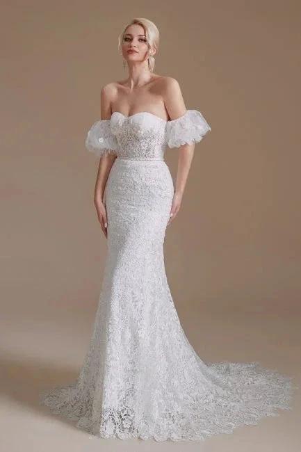 Beautiful Off-the-shoulder Sleeveless Mermaid Floor-Length Lace Wedding Dresses with Applique (ZD14660)