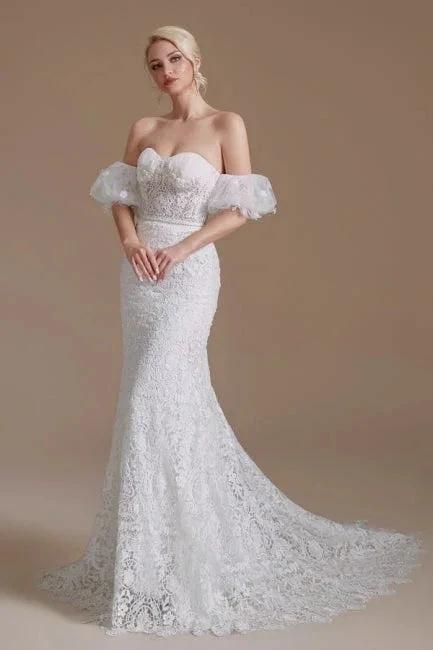 Beautiful Off-the-shoulder Sleeveless Mermaid Floor-Length Lace Wedding Dresses with Applique (ZD14660)