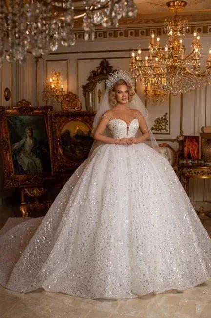Beautiful Off-the-shoulder Sweetheart Sleeveless Ball Gown Wedding Dress With Glitter (ZD14978) - VelvetHem