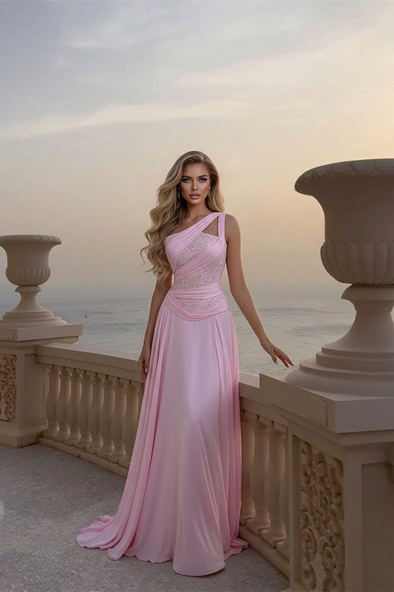 Beautiful Pink One-Shoulder Chiffon Sleeveless Prom Dress A-Line Long With Pleats