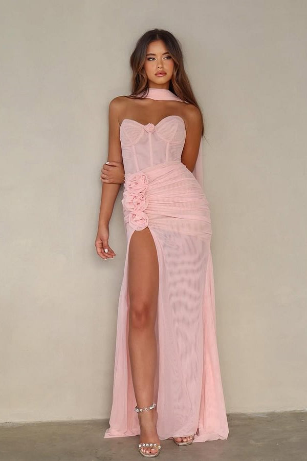 Beautiful Pink Sweetheart Chiffon Prom Dresses Long High Slit With Flower Pleats