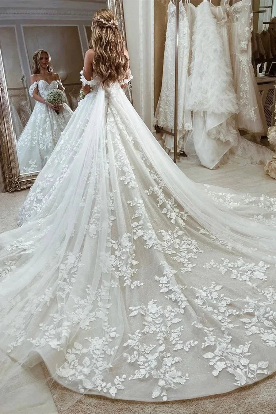 Beautiful Princess Off-the-shoulder A-line Appliques Wedding Dress With Train (ZD16543)