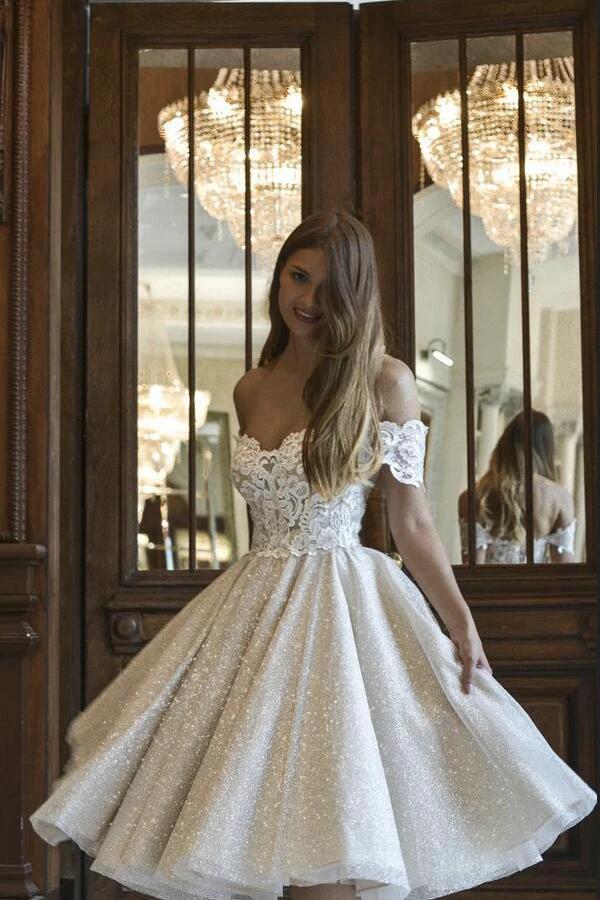 Beautiful Short A-line Glitter Off-the-Shoulder Lace Appliques Wedding Dress (ZD15173)