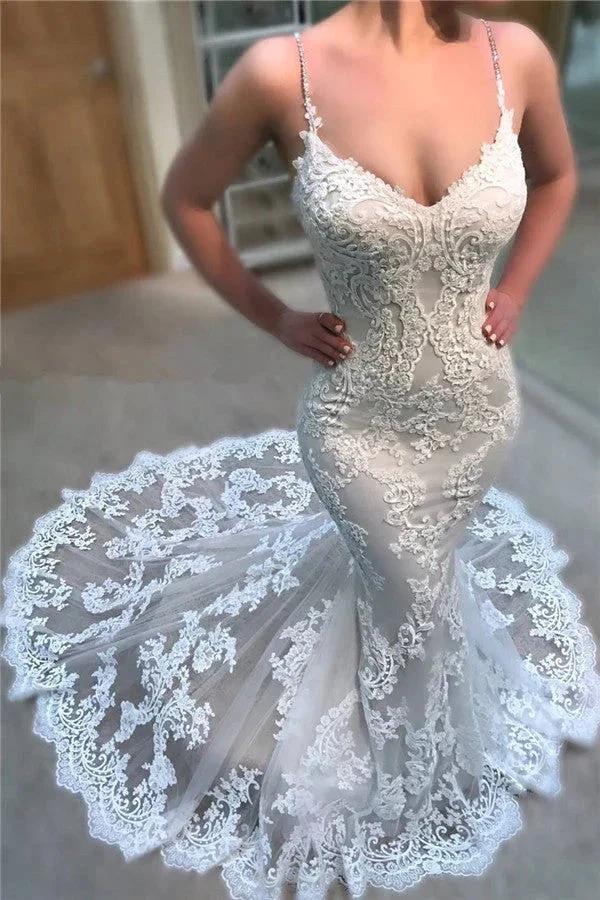 Beautiful Spaghetti-Straps Lace Wedding Dress On Sale Mermaid Dresses for Weddings (ZD13798)