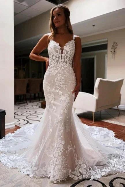 Beautiful Spaghetti Straps V-neck Blackless Lace Mermaid Wedding Dresses (ZD16548)