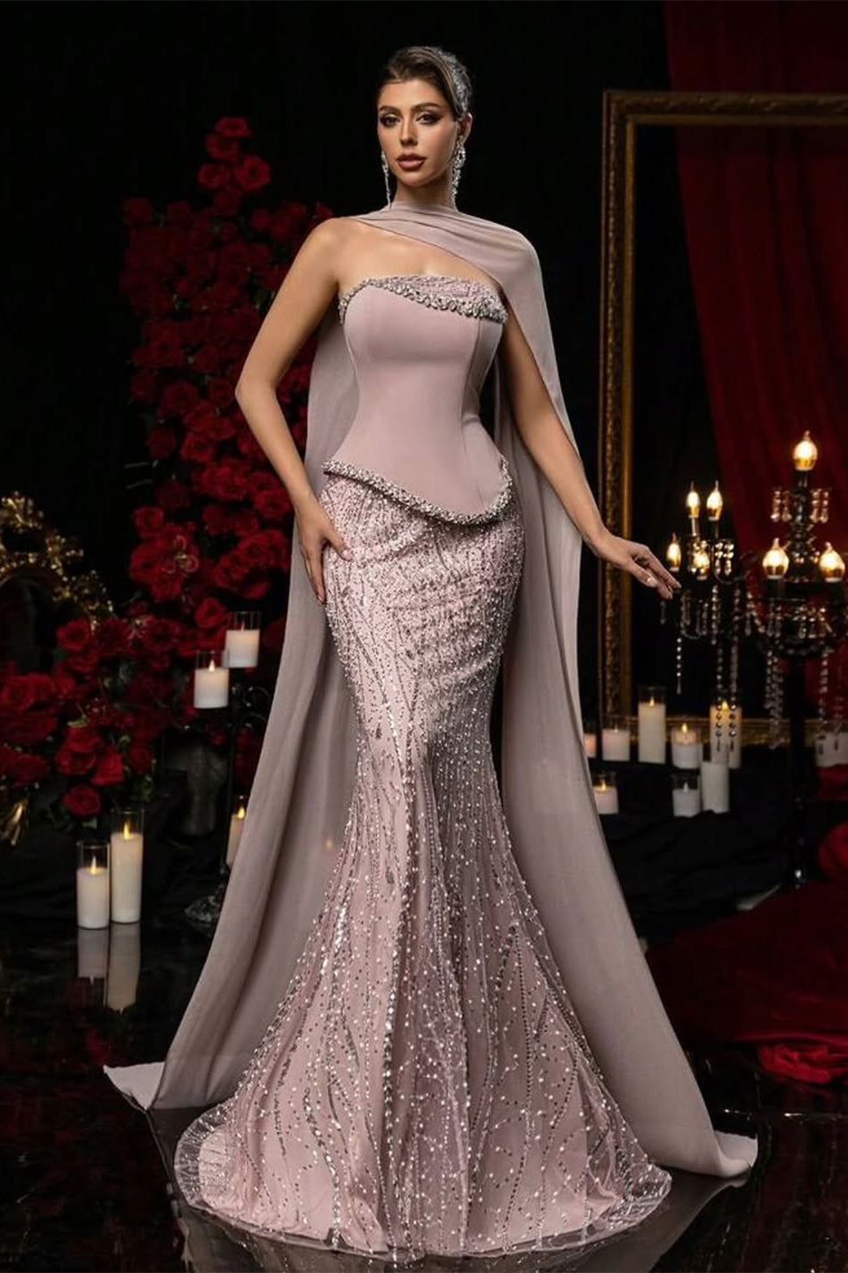 Beautiful Strapless Sleeveless Mermaid Prom Dresses Two-Pieces Gem With Beads Ruffles