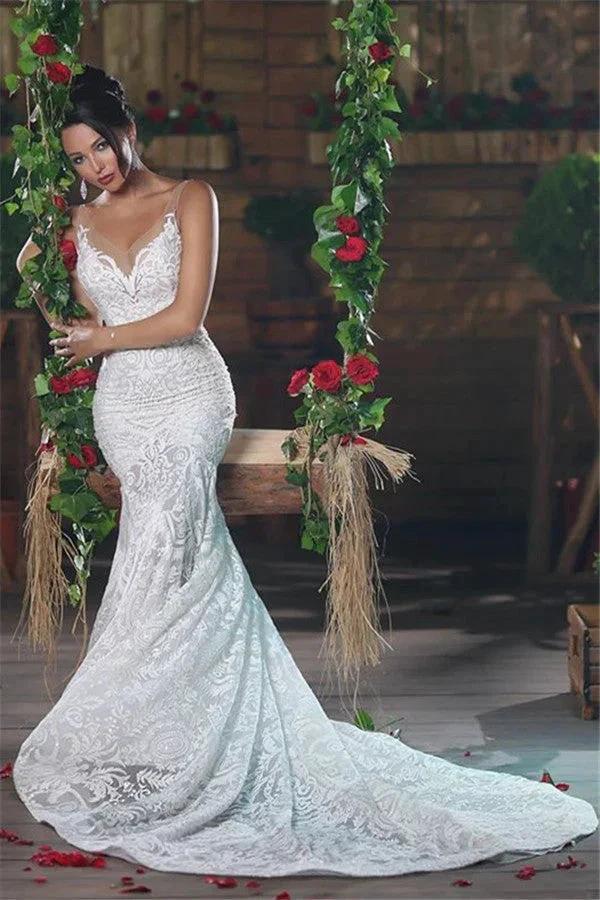 Beautiful V-Neck Mermaid Wedding Dress Long Stunning Lace Ope Back Tulle Straps Bridal Wears (ZD13867)