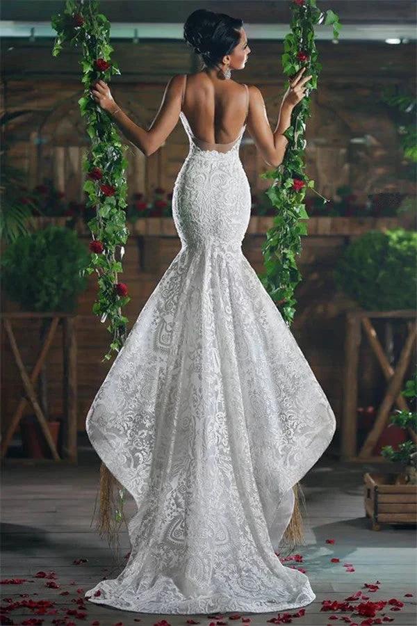 Beautiful V-Neck Mermaid Wedding Dress Long Stunning Lace Ope Back Tulle Straps Bridal Wears (ZD13867)