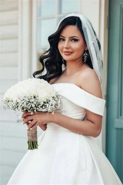 Beautiful White A-line Off-the-shoulder Satin Wedding Dress (ZD14623)