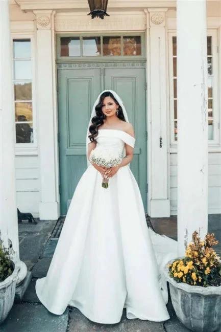 Beautiful White A-line Off-the-shoulder Satin Wedding Dress (ZD14623)