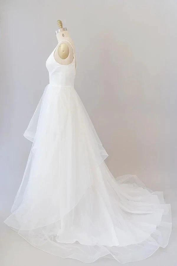 Beautiful White Long A-line V-neck Tulle Backless Wedding Dress (ZD14424)