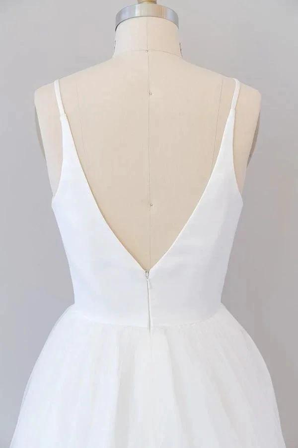Beautiful White Long A-line V-neck Tulle Backless Wedding Dress (ZD14424)