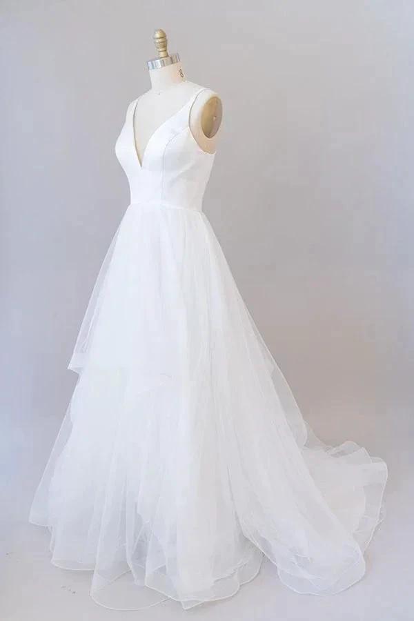 Beautiful White Long A-line V-neck Tulle Backless Wedding Dress (ZD14424)