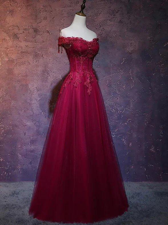 Beautiful Wine Red Tulle Sweetheart Long Prom Dress A-line Party Dress - View 2 | VelvetHem