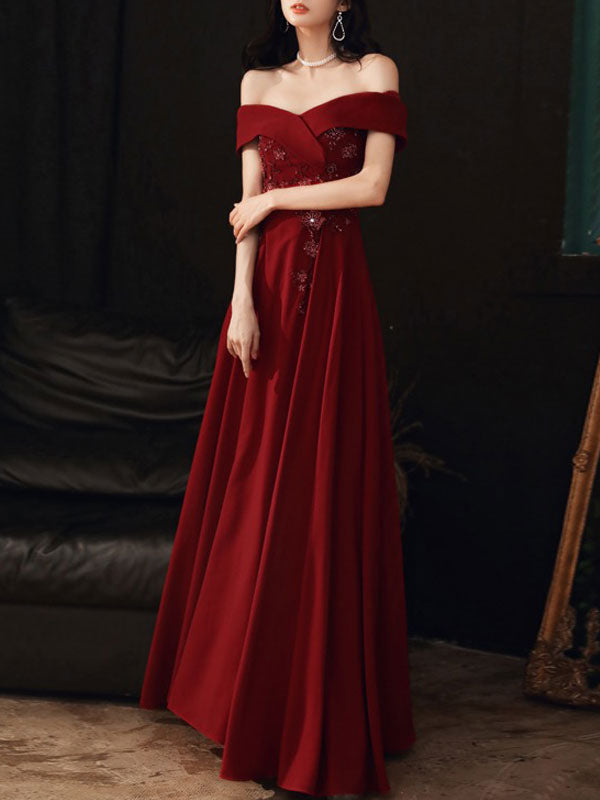 Beautiful Women's Evening Dress A-Line Bateau Neck Matte Satin Floor-Length Beaded Formal Dinner Dresses